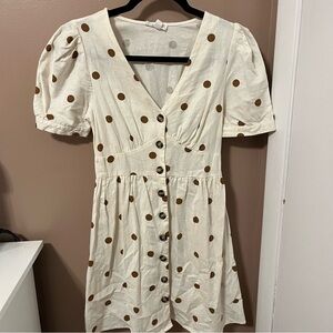 MINE Cream and Brown Polka Dot Linen Mini Puff Sleeve Dress
